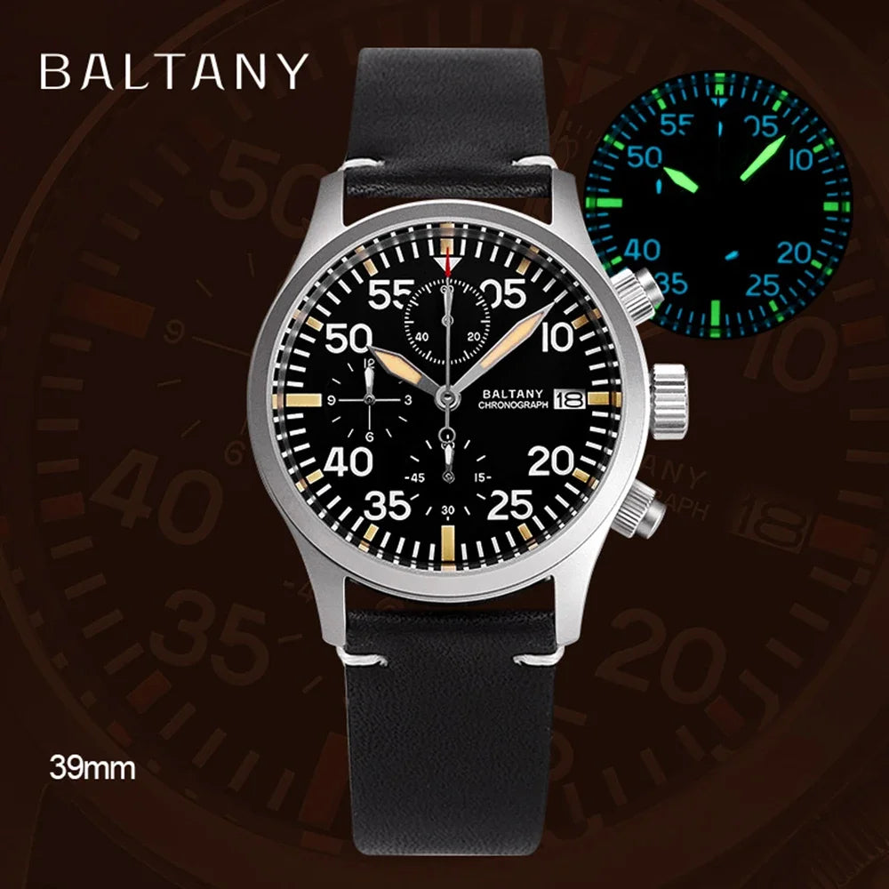 Baltany Military Watch Men 39mm Vintage Pilot Watch VK67 Chronograph Quartz Wristwatches Retro Style Air Force Luminous Clocks