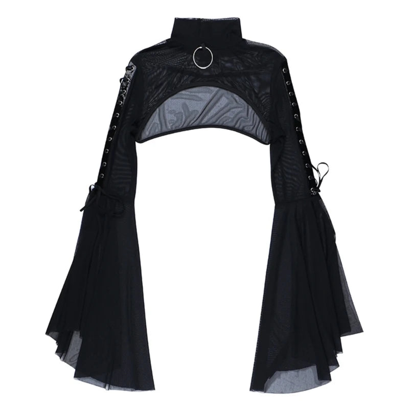 Women's Long Sleeve Crop Tops Blouses Shirt Top Punk Shrugs Cardigan Lace Mesh Crop Top Cosplay Outfits Streetwear