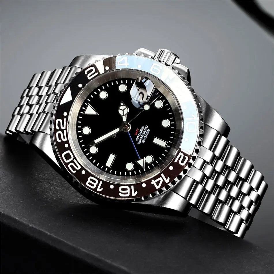 Tandorio 40mm NH34A Men's Automatic Watch GMT Function Luminous Black Dial Sapphire Crystal Auto Date Bracelet Rotating Bezel
