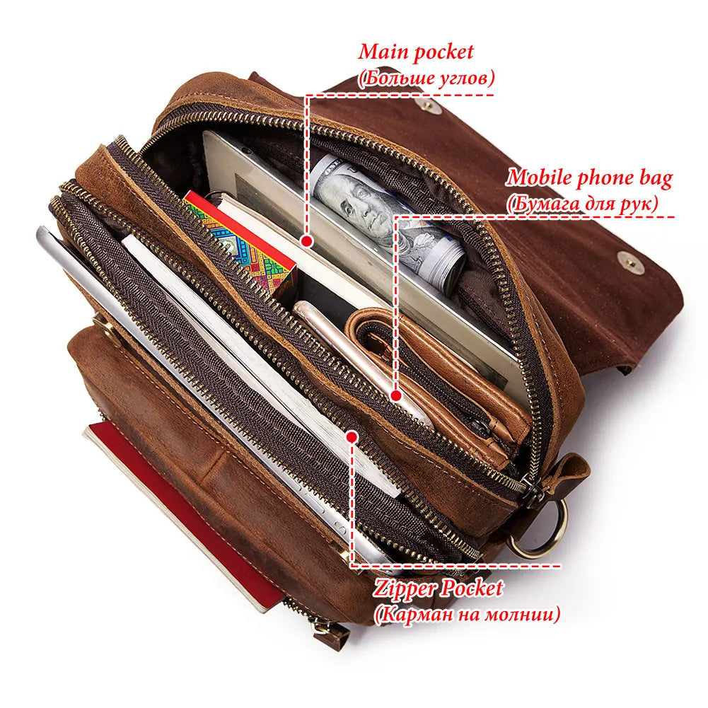 HUMERPAUL Full Grain Leather Shoulder Bag Retro Business Crossbody Bag for Work Large Capacity Male Messenger Bag Travel Bag