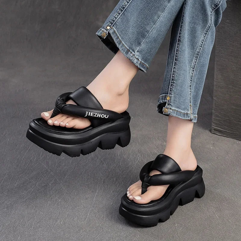 Koznoy 7.5cm Peep Toe Sheepskin Flip Leather Hollow Fashion Sandals Slippers Mary Jane Designer Women Summer Flats Loafer Shoes