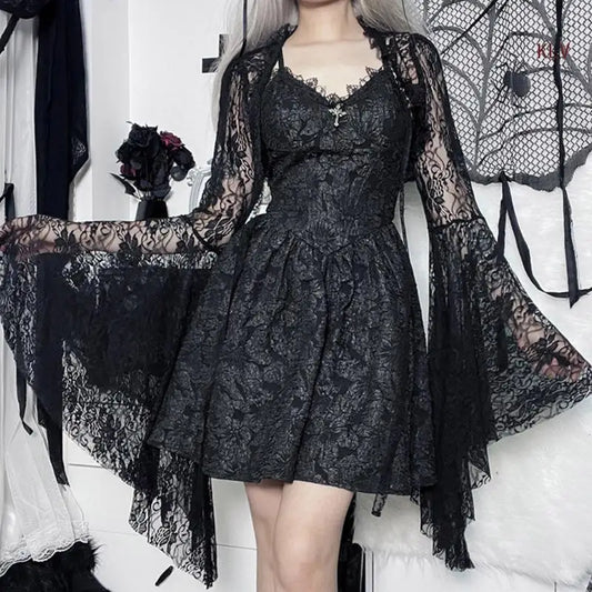 Women's Long Sleeve Crop Tops Blouses Shirt Top Punk Shrugs Cardigan Lace Mesh Crop Top Cosplay Outfits Streetwear