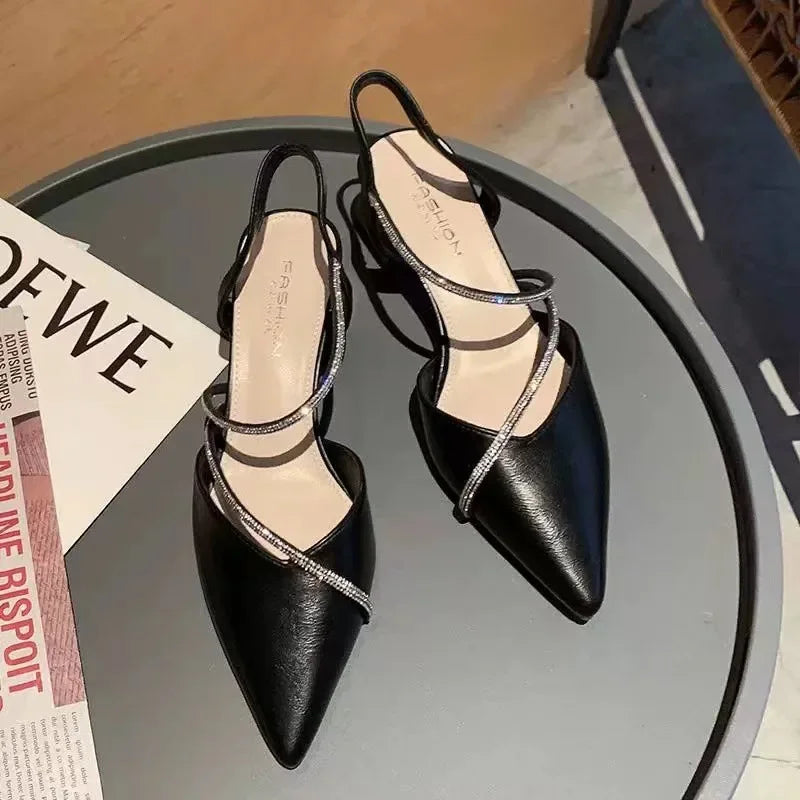 New Women's Fashion Comfortable High Heels Women's Shoes Slip-on Pointed Toe Rhinestone Sandals Zapatillas Mujer