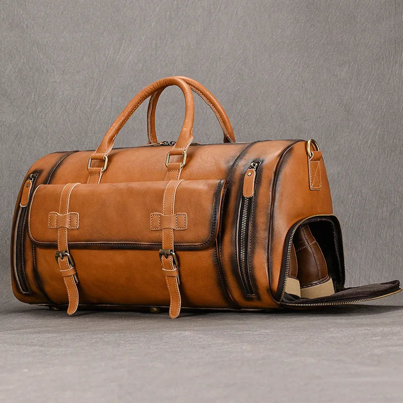 Genuine Leather Men's Travel Bag with Shoe Pocket Retro Crazy Horse Leather Big Capacity Luggag Bag Business Trip Handbag