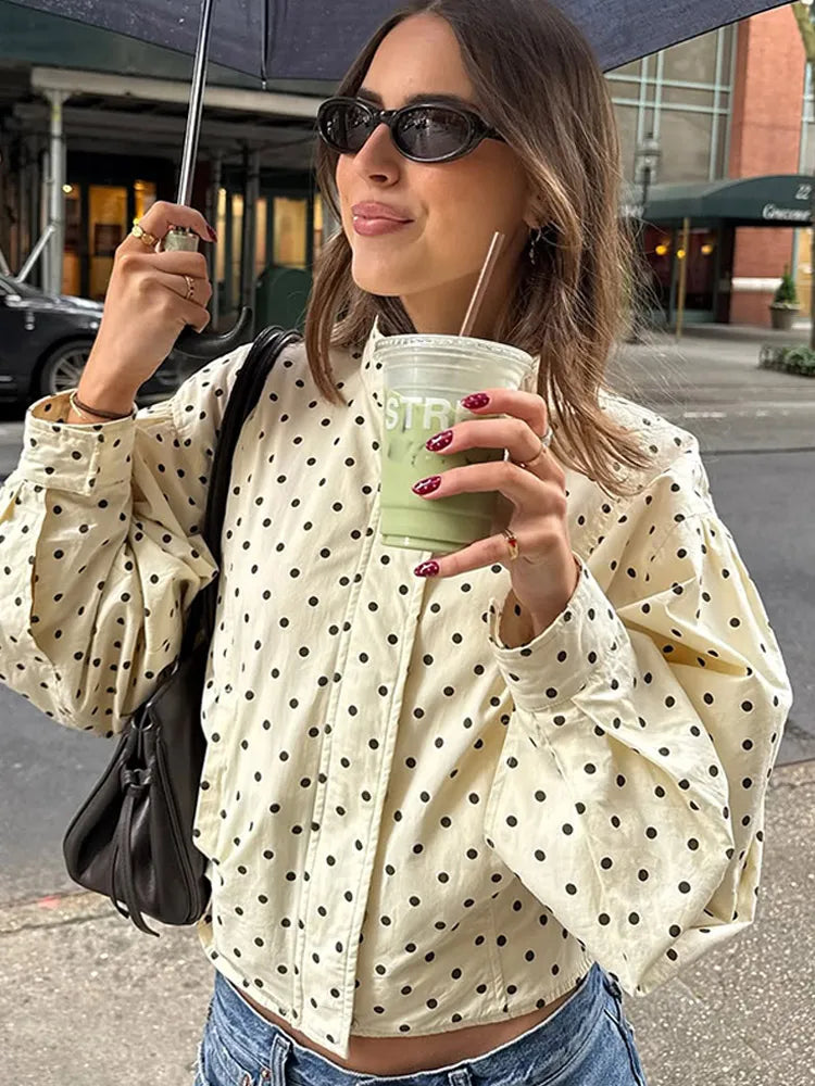 Black Polka Dot Half Zip Pullover Coat Women Loose Fit Puff Sleeves Outfit 2025 New Fashion Street Daily Autumn Outerwear 2025