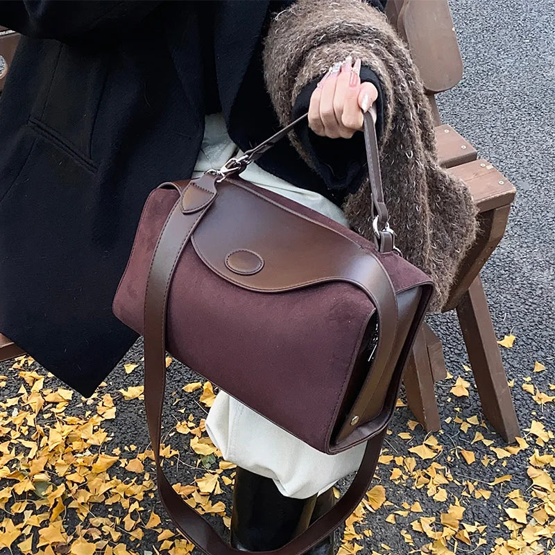 Womens Leather Handbag Designer Fashion Autumn Winter Big Boston Tote Soft Matte Suede Bag Lady Versatile Shoulder Crossbody Bag