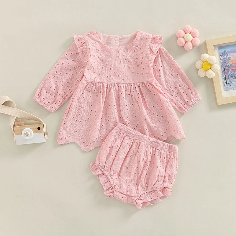 FOCUSNORM 2 Colors Princess Baby Girls Autumn Clothes Sets 0-24M Flowers Hollow Out Ruffles Long Sleeve Dress Tops+Shorts