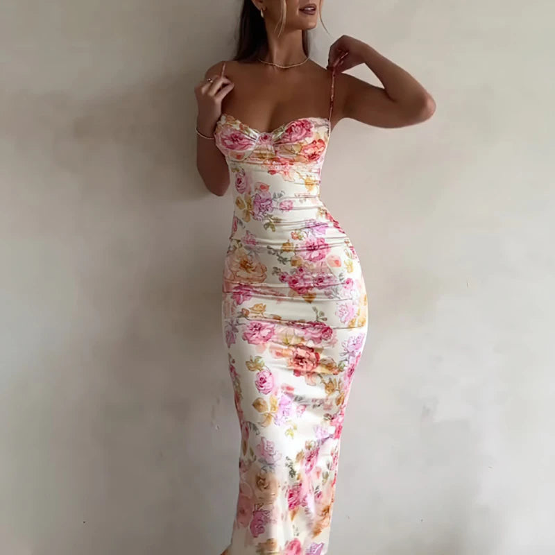 Summer Flower Print Sleeveless Straps Dress Women Sexy V Neck Lace Slim Bodycon Long Dress Spring Hollow Out Night Party Dresses
