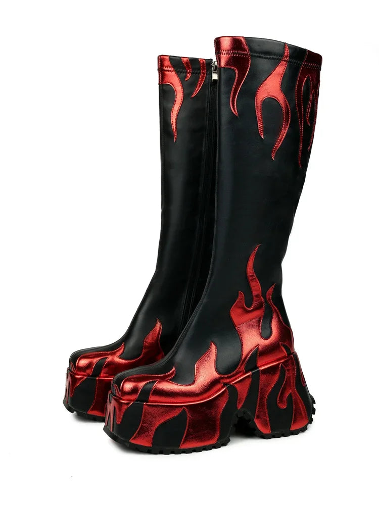 2024 Women's High Quality Thick High Heels, Thick Sole Side Zipper Boots, European and American Fashion Flame Show Shoes