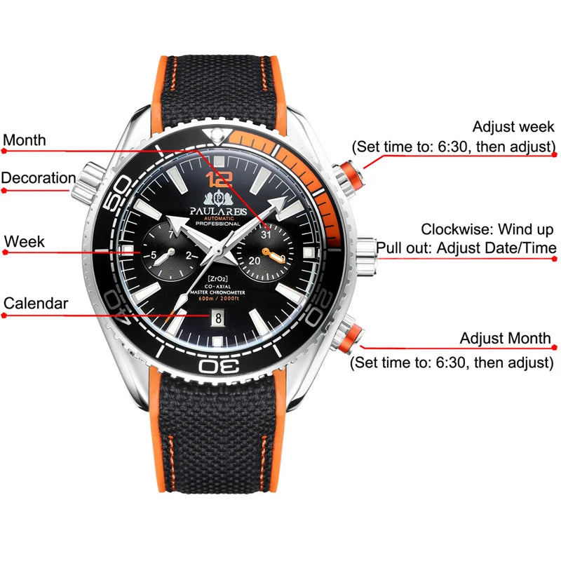 PAULAREIS P Luxury Men Automatic Self Wind Mechanical Watch for Men Rubber Strap Waterproof Luminous Date Fashion Mens Watches
