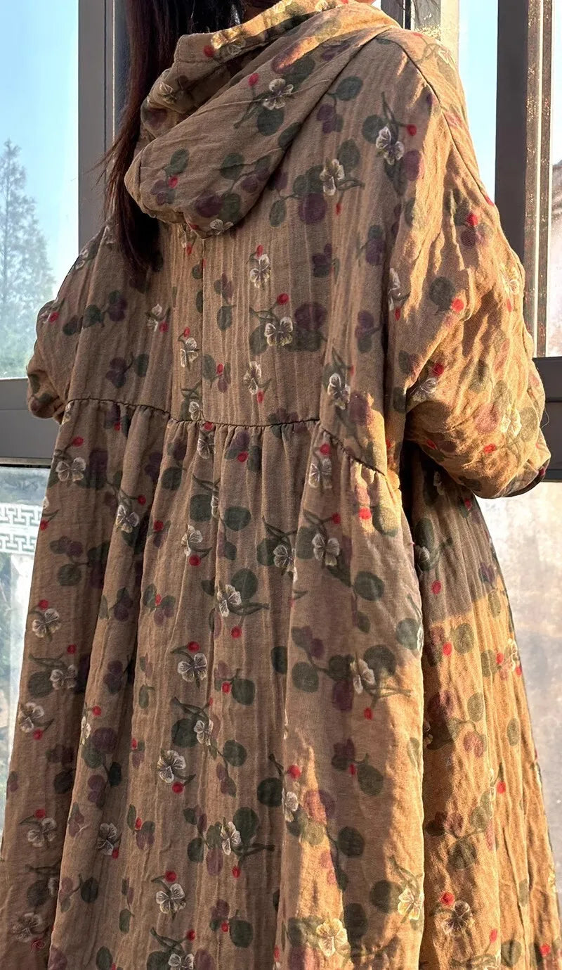 LYUZHE 2025 Spring Autumn New Chinese Style Printed Women Trench Coat Hooded Long Sleeve Retro Mid-length Trench Coat ZXY999B