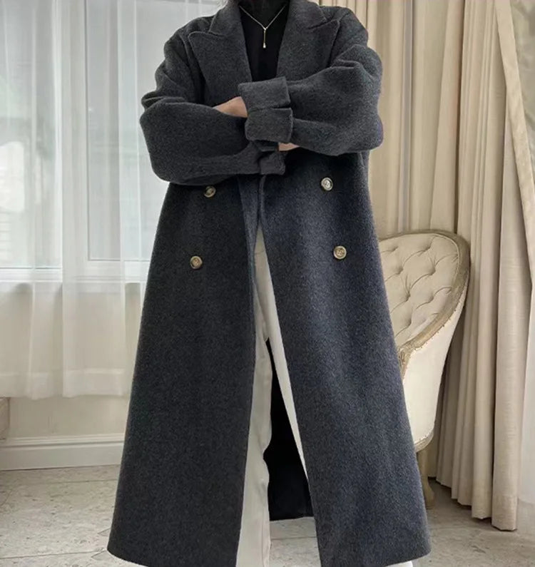 2023 Autumn Women Drouble Breasted Woolen Coat Turn Down Collar Cashmere Winter Clothes Long Coats Tops New
