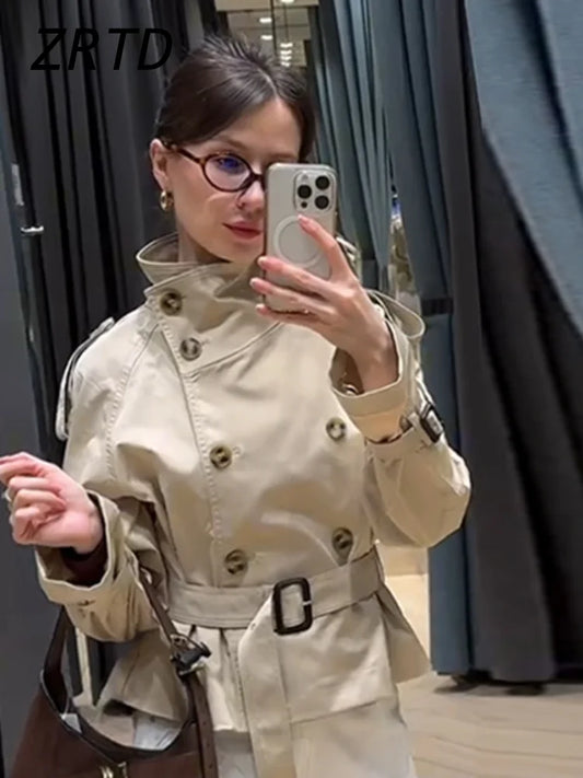 Fashion Women's Short Belt Jackets Turtleneck Double Breasted Full Sleeve Female Trench Coats 2025 Autumn Lady Commute Outwear
