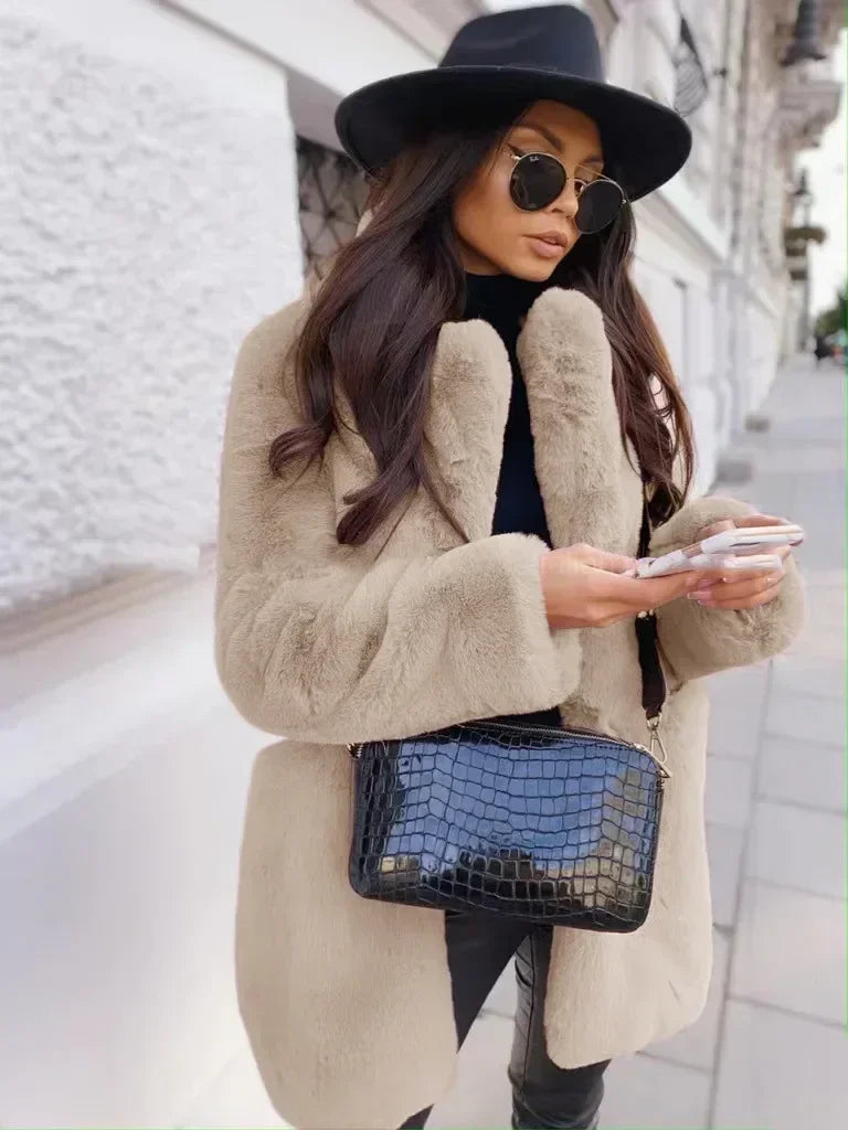 Women Purple Long Sleeve Lapel Winter Coat 2024 New Fashion Temperament Office LadyWhite Fur Jackets Clothing Red