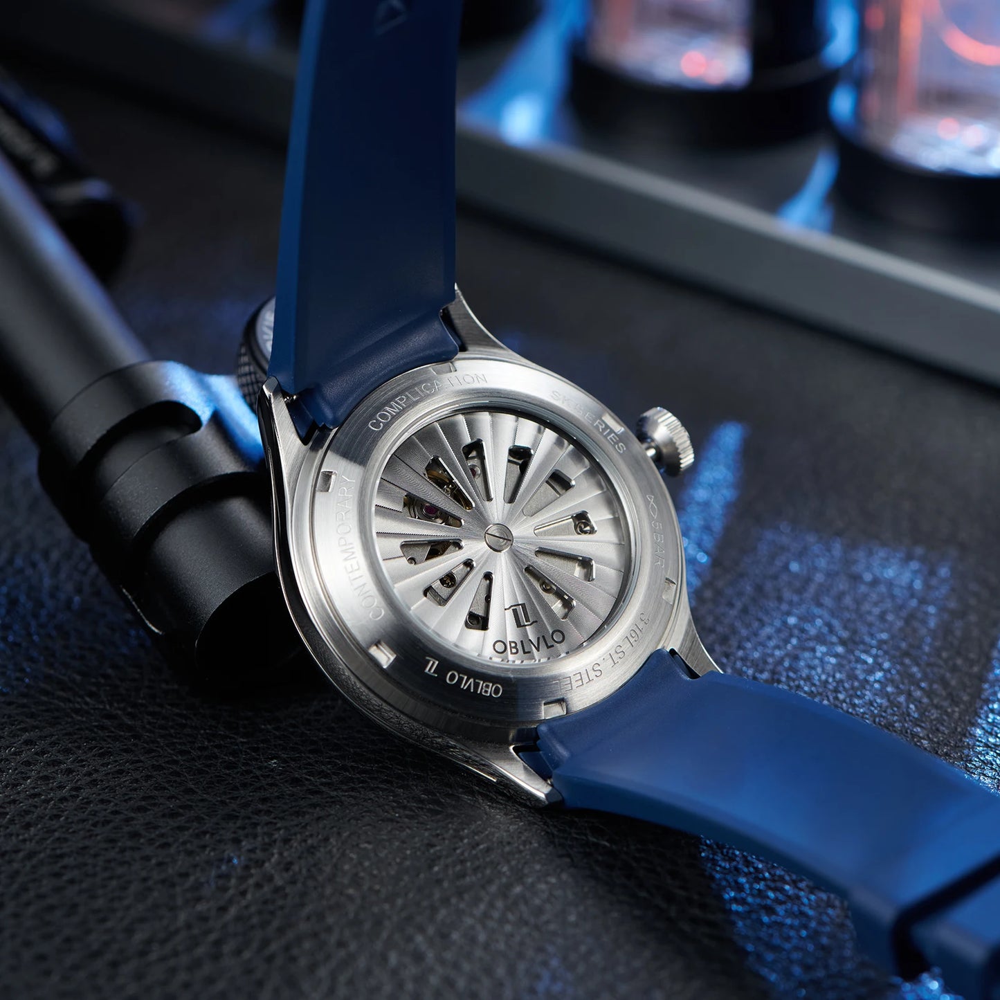 OBLVLO Designer Circular Dial Blue Nightlight Silicone Automatic Watch Unique Rotor Blue Dial Mechanical Watches BLM-SOLAR