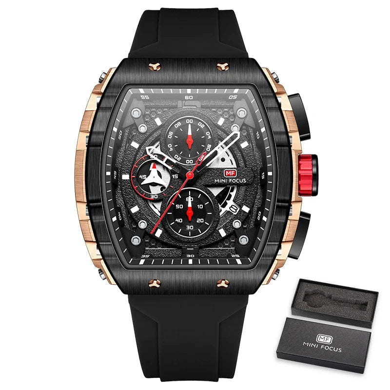 MINI FOCUS Chronograph Quartz Watch for Men Tonneau Dial Military Sport Wristwatch with Orange Silicone Strap Auto Date 0399