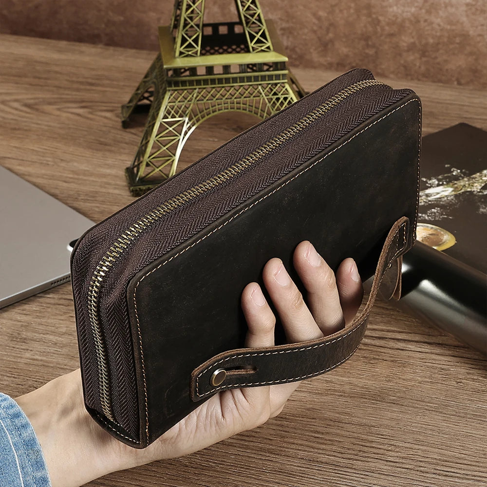 JOYIR Genuine Leather Men's Clutch Bag RFID Wallet Large Capacity Business Long Wallet with Hand Strap Male Purses Money Bag