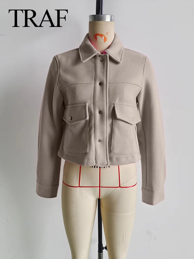 TRAFZA Women Fashion Elegant Khaki Long Sleeve Slim Cropped Coat Female Casual Loose Chic Tops With Buttons Pocket Streetwear