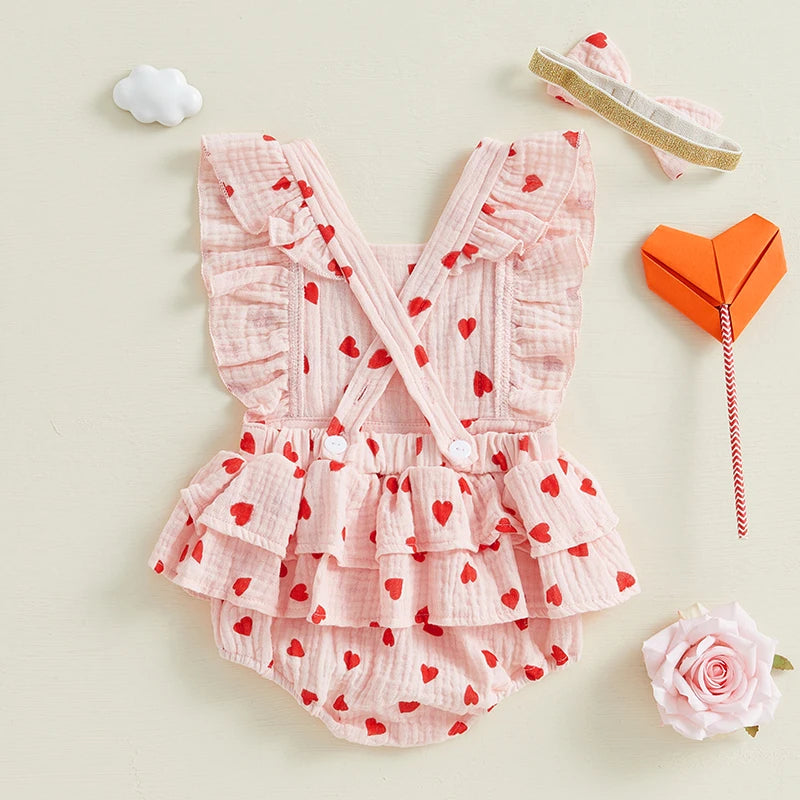 Infant Toddler Baby Girls Valentine's Day Romper Bow/Heart Print Flutter Sleeves Square Neck Bodysuit with Bow Headband