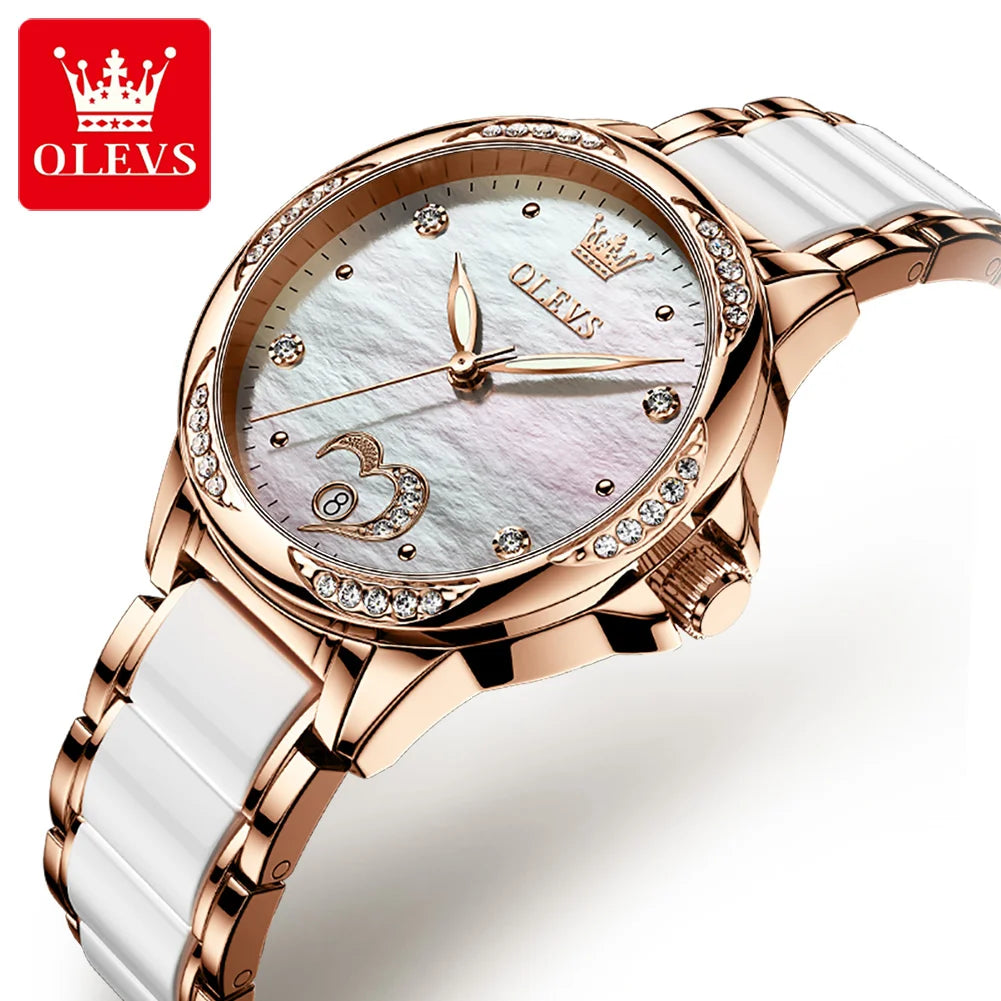 OLEVS 6631 Top Original Automatic Watch for Women Fashion Heart Design Diamond Bezel Ceramics Strap Ladies Mechanical Wristwatch
