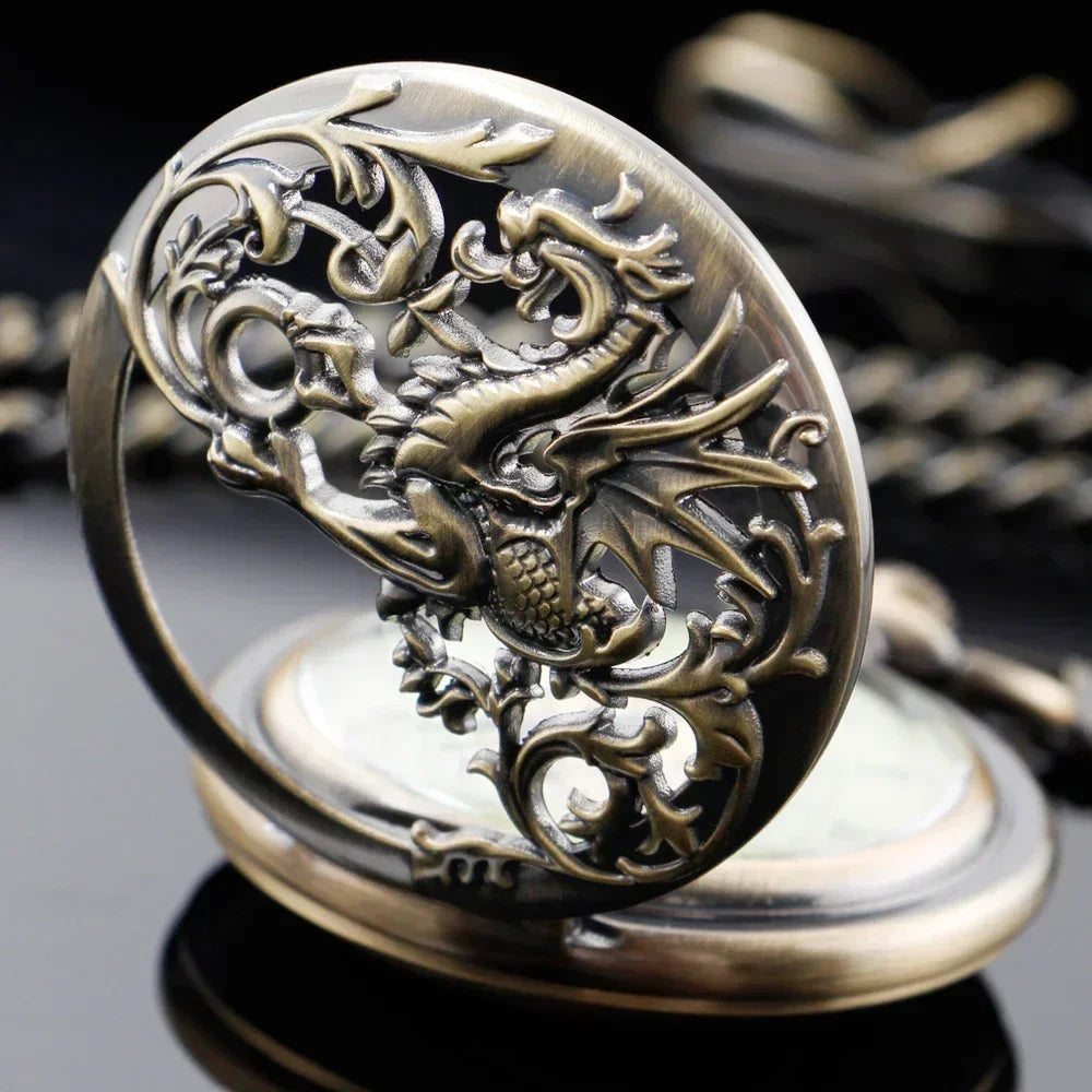 NEW Vintage Mechanical Pocket Watch Mens Hand-winding Skeleton Dragon Chain Retro Roman Numerals Display Pocket Clock