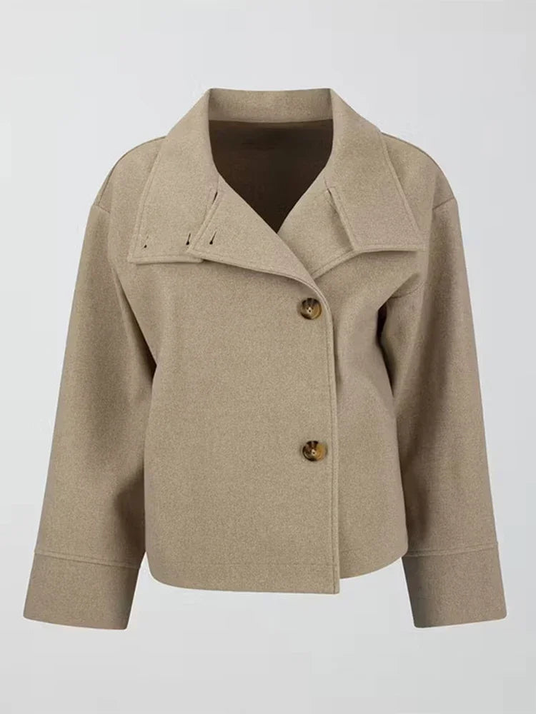 Solid Woolen Blend Casual Coat Women Stand Collar Long Sleeve Single Breasted Fashion Jacket Autumn Lady High Street New Outwear