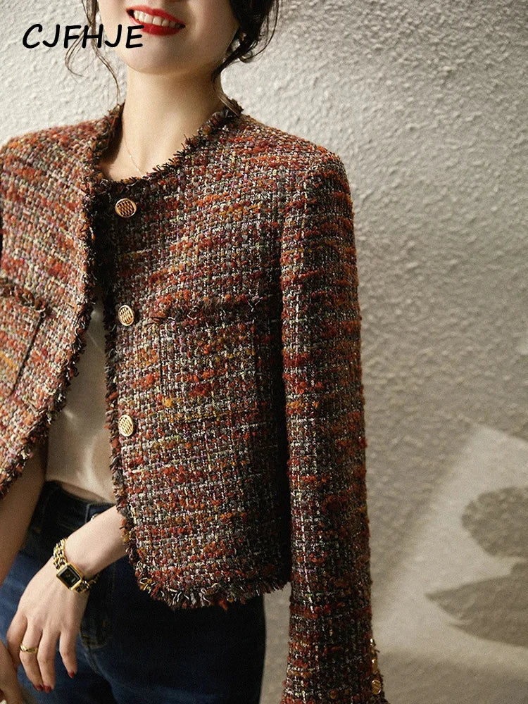 CJFHJE O-neck Tweed Fragrant Lady Coats Autumn Winter New Elegant Lady Outerwear Tops Tassel Single Breasted Women Woolen Jacket