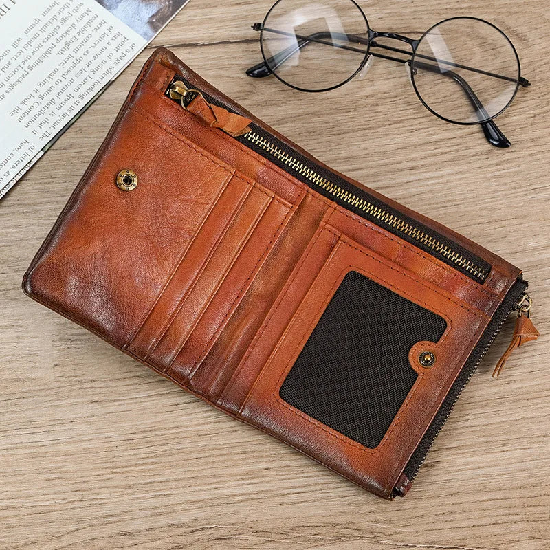 Leather Men‘s Short Wallet Hasp Genuine Leather Unisex Zipper Coin Clutch Purse Cowhide Card Holder Trifold Man wallets