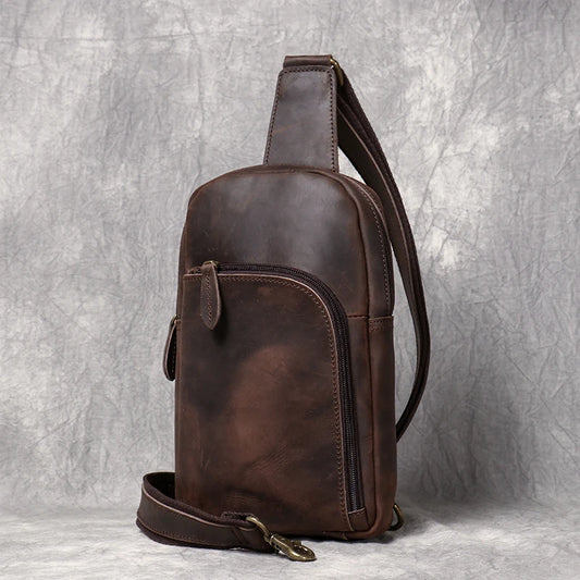 Handmade Genuine Leather Chest Bag Sports Phone Bag Men's Retro Large Capacity Crossbody 7.9 inch Mini ipad Men's Bag Leathfocus