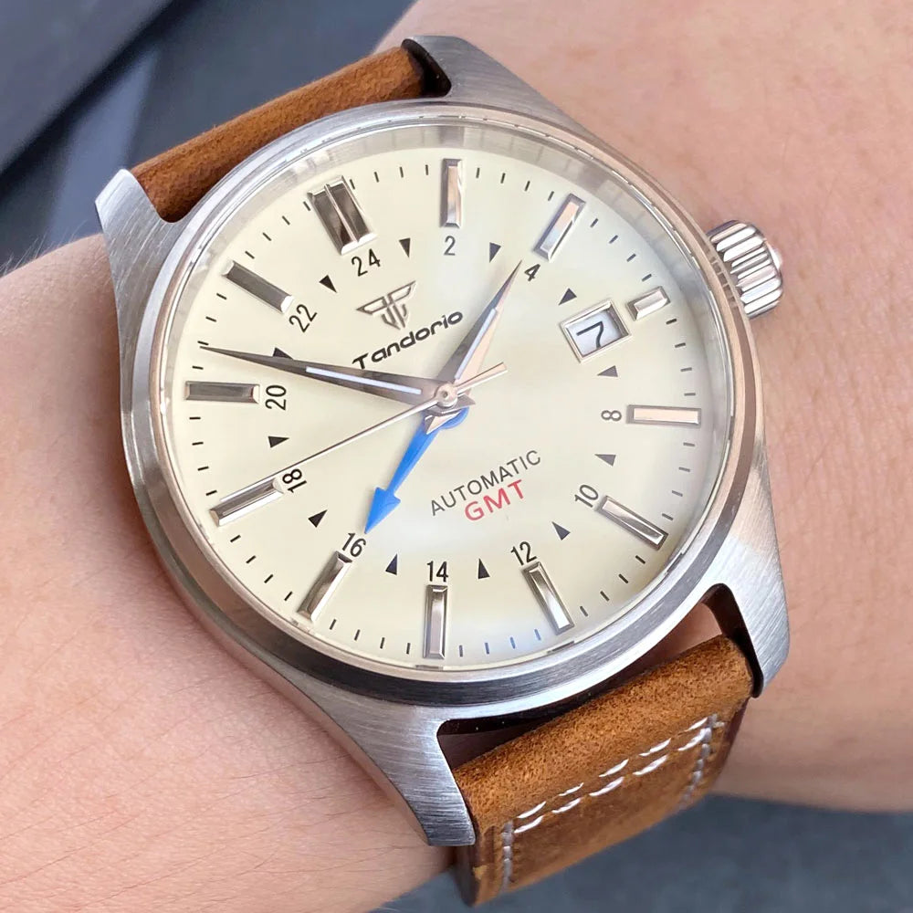 Tandorio Japan NH34 Automatic Mechanical Watch for Men Diver GMT Movement 200M Waterproof 39mm Sapphire Crystal Leather Band