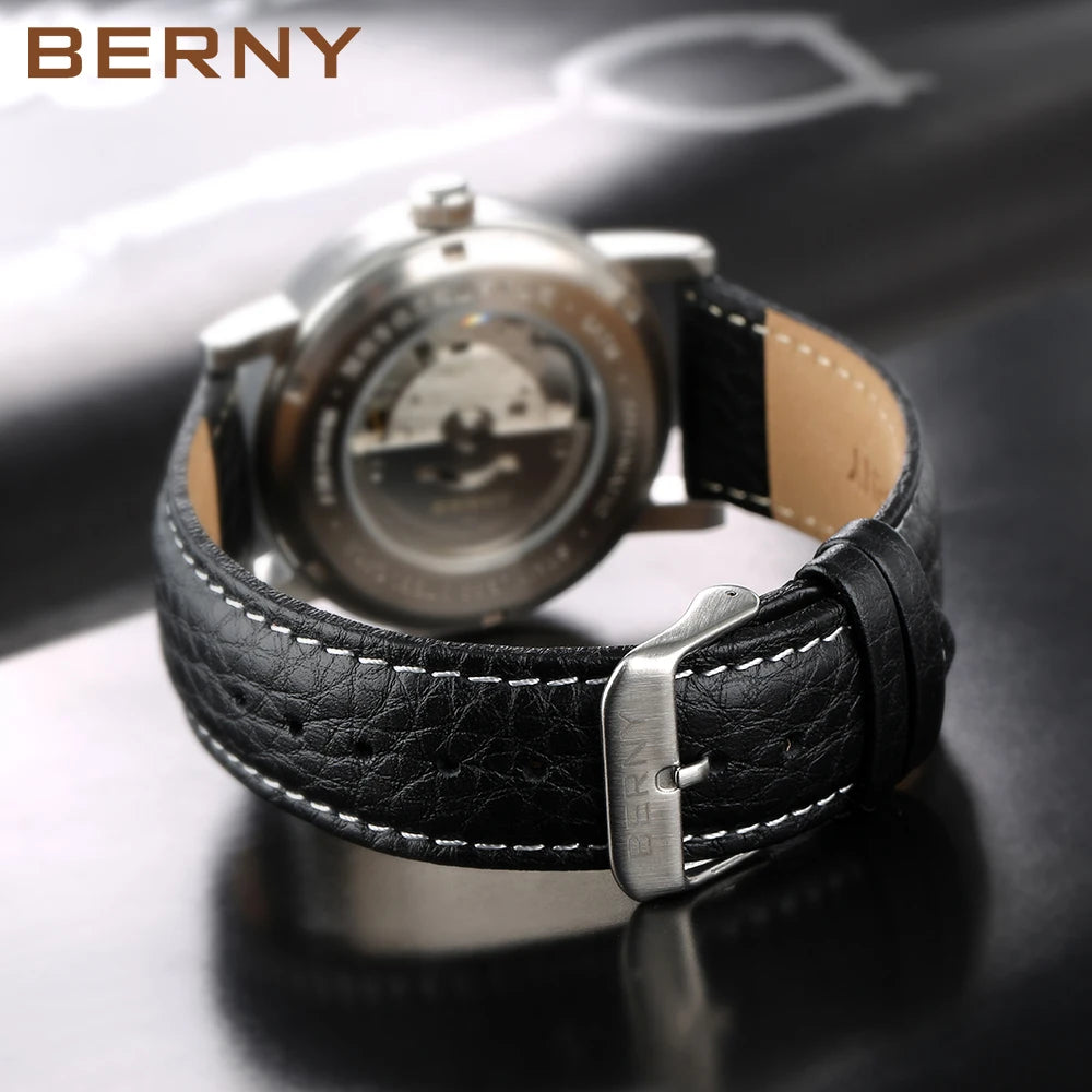 BERNY Men Mechanical Wristwatch 5ATM Waterproof Watch Casual Leather Swiss Railway Timepiece ST1612 Luxury Automatic Men Watch