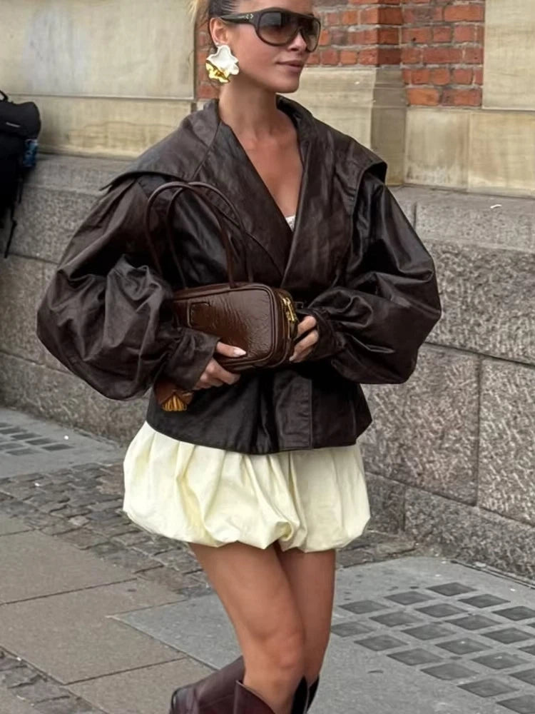 Women Belt Navy Collar Leather Short Jacket Casual Full Sleeve Slim Cropped Brown Pu Coat Lady New Highstreet Party Outwear