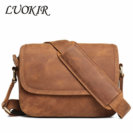 LUOKIR Vintage Crazy Horse Leather Retro Men's Bag Genuine Cowhide Shoulder Bag Women's Crossbody Bag iPad Small Square Bag