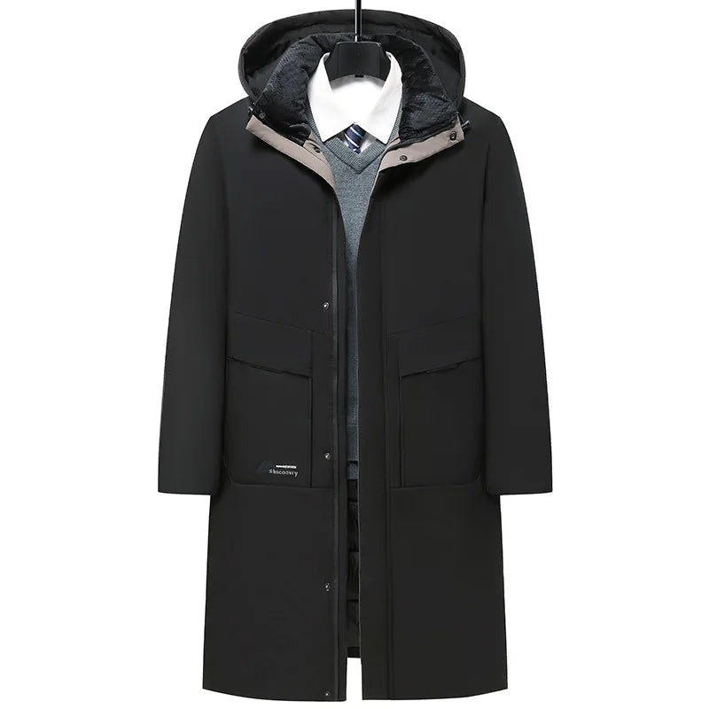 Business Parka Winter Fleece Long Jacket with Hood Windbreaker Mens Coats Casual Thicken Warm Men Long Outwear Clothing Overcoat