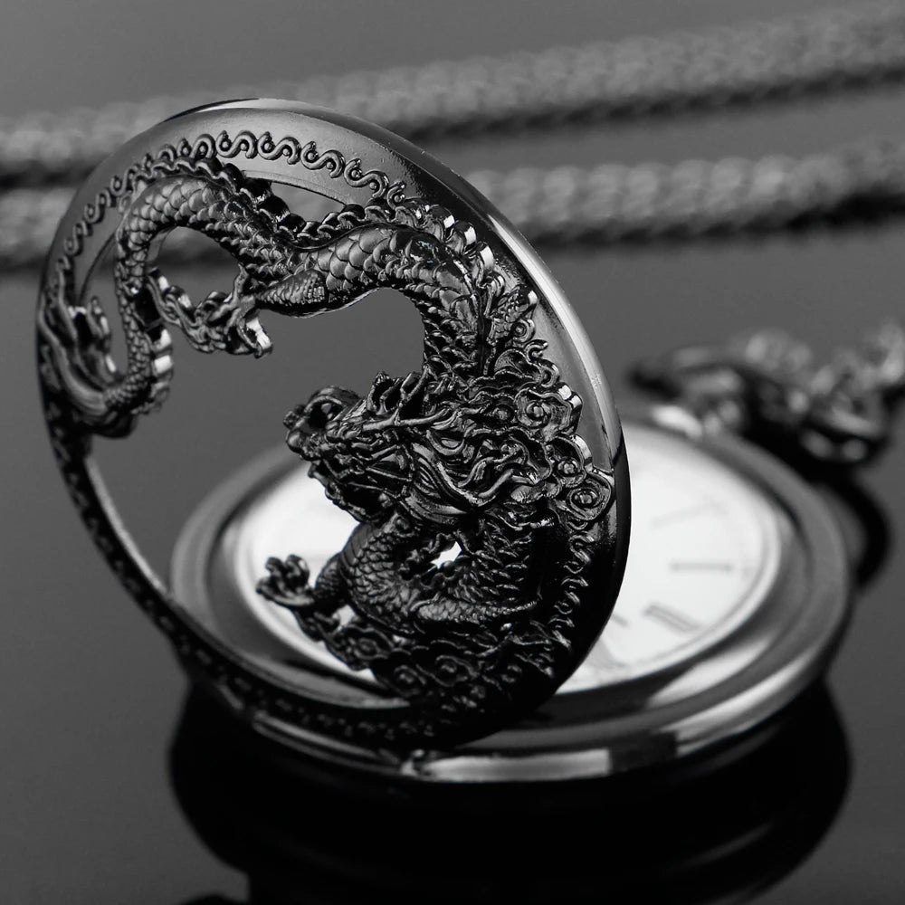 Flying Dragon Embossed Hollow Digital Quartz Pocket Watch Men's High Quality Necklace Timing Pendant Women's Jewelry Gift Clock