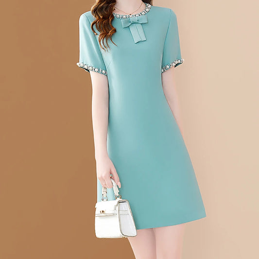 EVNISI Women Chic Embroidered Flares Dress Scarf Collar Elegant Office A-line Dresses Slim Women Bodycon Fairy Vestido 2024