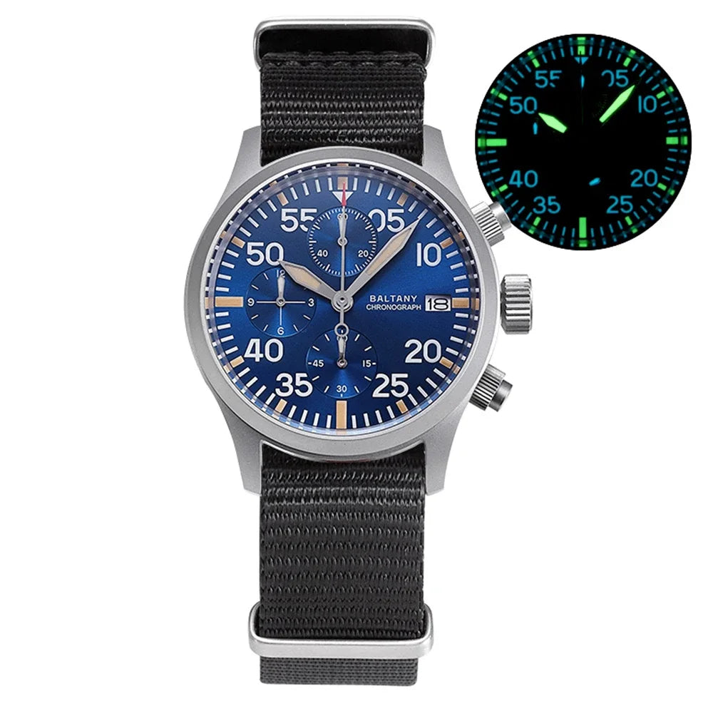 Baltany Military Watch Men 39mm Vintage Pilot Watch VK67 Chronograph Quartz Wristwatches Retro Style Air Force Luminous Clocks