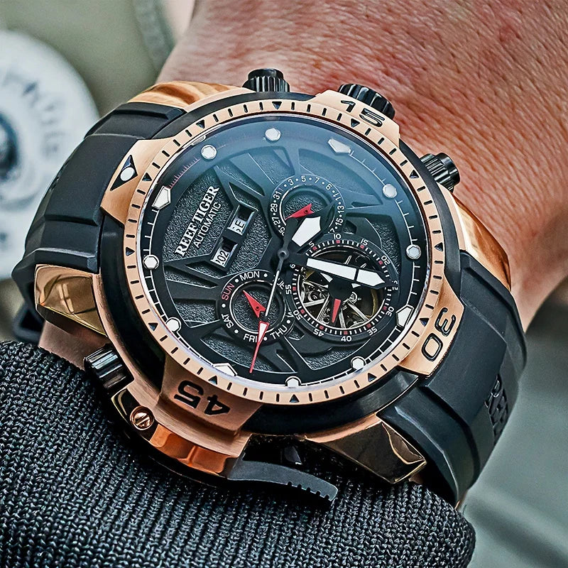 Reef Tiger/RT Orange Sport Watch Men Waterproof Luminous Perpetual Calendar Automatic Mechanical Watches Clock New RGA3532