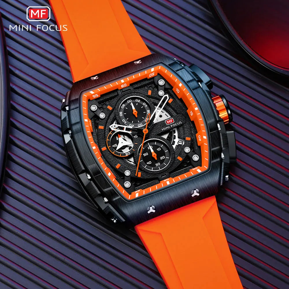 MINI FOCUS Chronograph Quartz Watch for Men Tonneau Dial Military Sport Wristwatch with Orange Silicone Strap Auto Date 0399