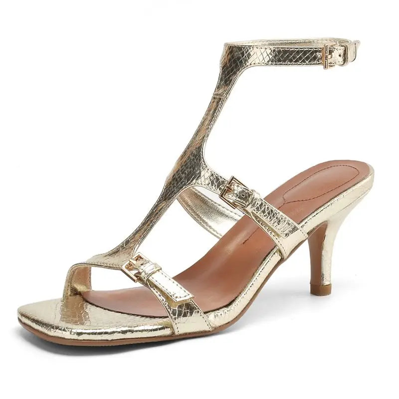 MORAZOR Plus Size 34-41 New Faux Leather Women Sandals Buckle Gold Silver High Heels Sandals Fashion Summer Ladies Party Shoes