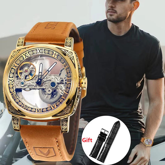 SKROX Designer Luxury Hollow Skeleton Automatic Movement Mechanical Clock Gold Man Watch Elegant Fashion Male Wrist Watches 2025