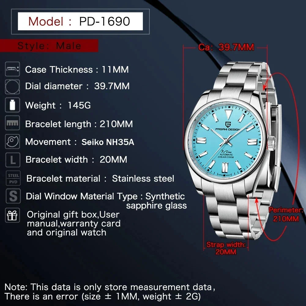 2025 New PAGANI DESIGN Luxury Automatic Mechanical man's watches Japan NH35 Stainless Steel Sapphire Crystal reloj hombre PD1690