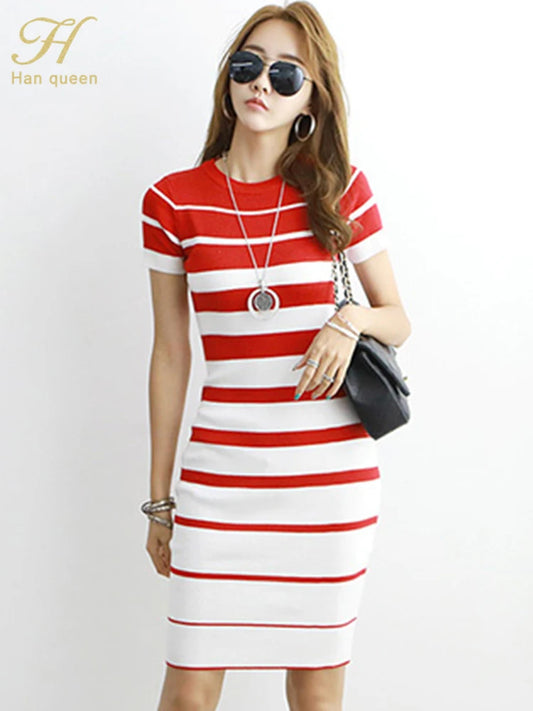 H Han Queen New Autumn Summer Women Vintage Stripe Knitted Dresses Office Bodycon Pencil Sheath Dress Simple Bottoming Vestidos