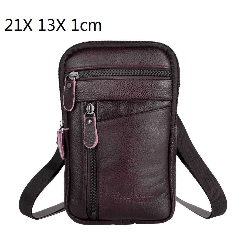 Men's Leather Small Messenger Bag Multi-Pockets Business Satchels Genuine Leather Crossbody Bags Fanny Belt Packs Phone Pouch