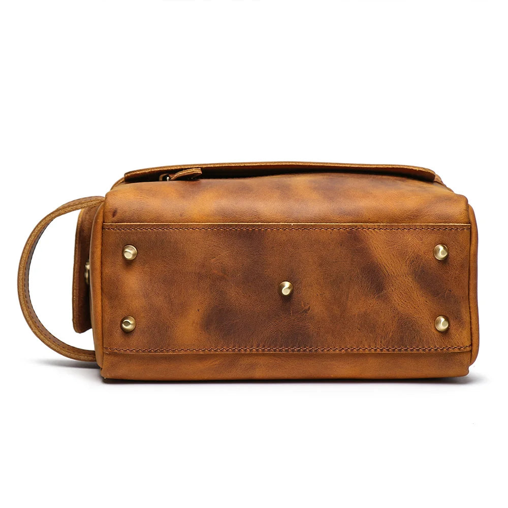 LUOKIR Vintage Multi-functional Genuine Leather Handbag Men's Makeup Bag Large Capacity Crazy Horse Leather Toiletry Organizer