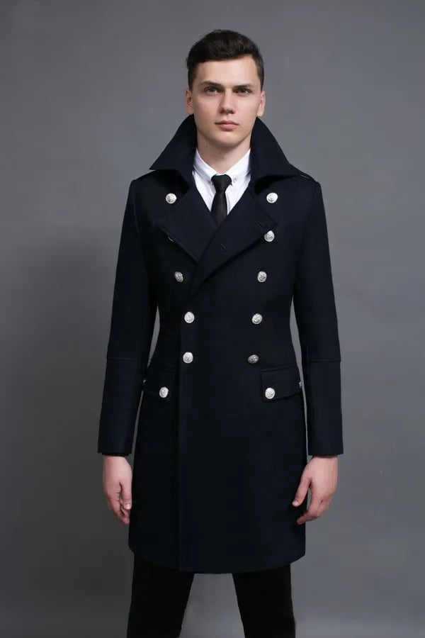 Men's Double Breasted Military Army Wool Coat Plus Size Thick Cashmere Work Business Solid Slim Pea Coat Winter Fashion