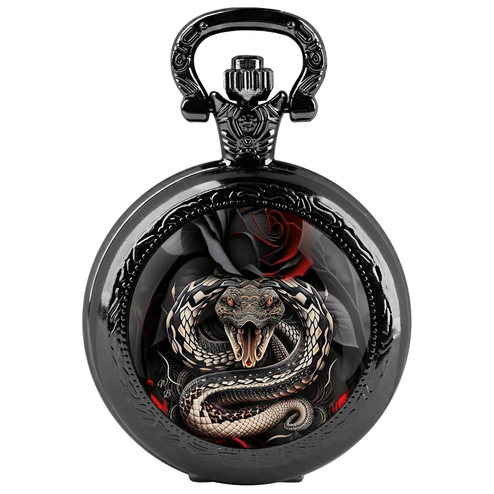 Furious Snake Inspired Design Black Quartz Pocket Watch with Durable Chain Arabic Numeral Time Display for Men and Women Gifts