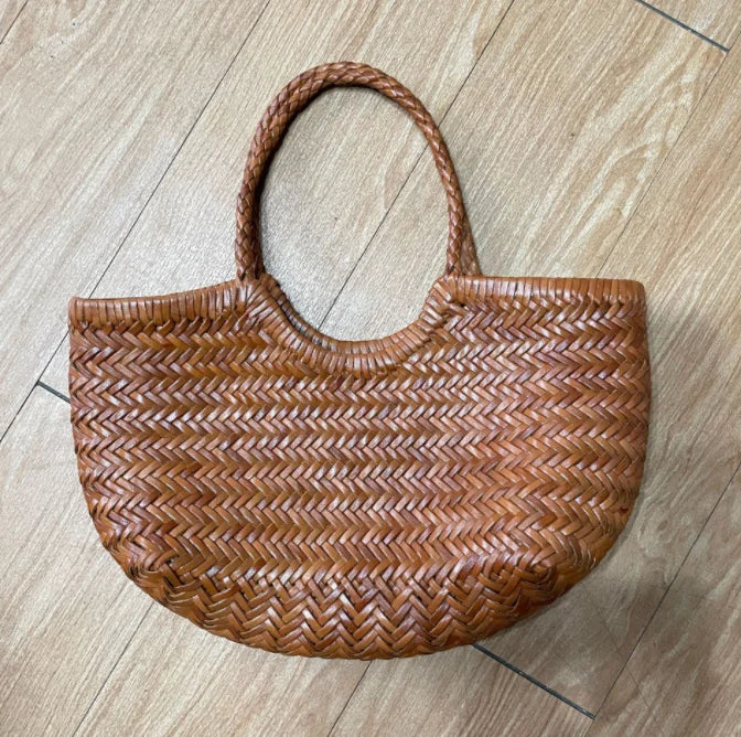 Hand Knitted Designer Genuine Leather Elegant Handle Female Totes Vintage Women's Handbag Cowskin Lady Large Shoulder Bag