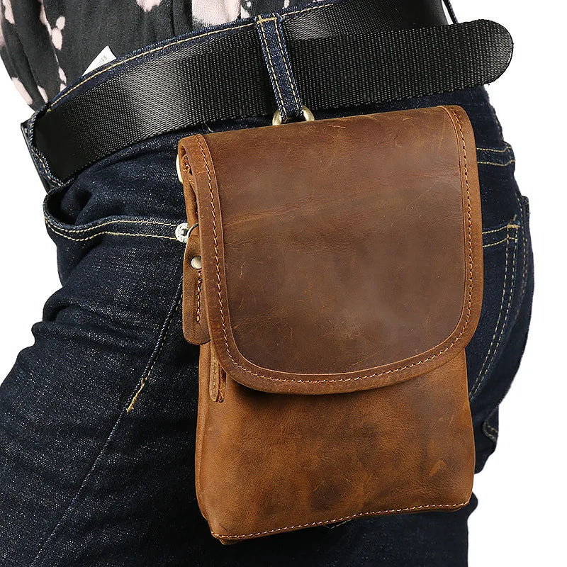 7.5" Leather Phone Pouch phone bag men wear leather belt mobile phone fanny pack for shoulder bag holster leather Mini Men's bag