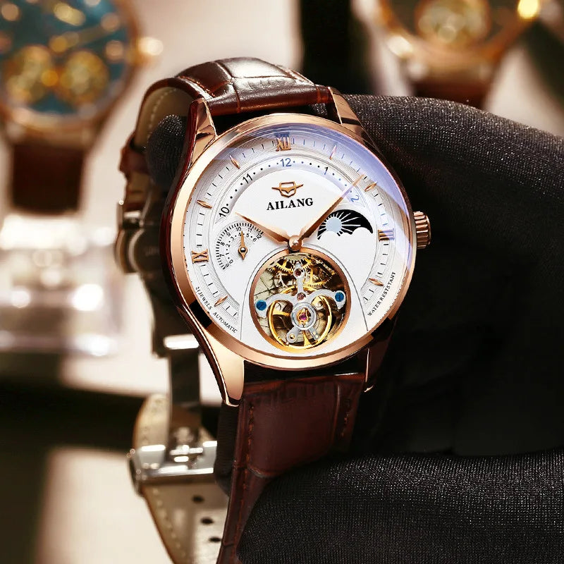 AILANG Automatic Mechanical Watches Mens Watches Top Brand Luxury Sapphire Genuine Leather Original Tourbillon Hollow Movement